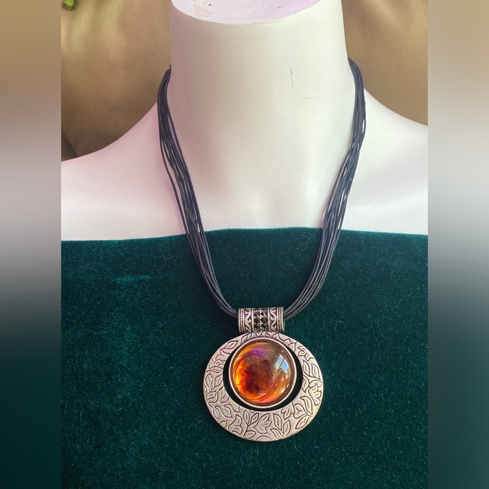 Lia Sophia Multi-Strand Black Cord Necklace with Amber Glass Pendant